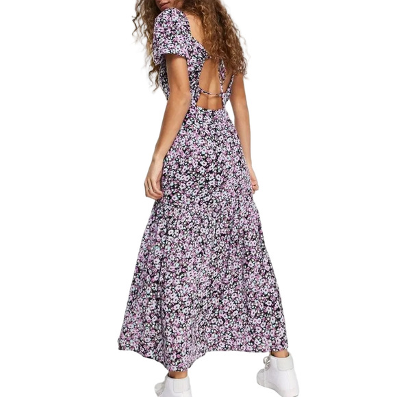 Topshop Floral Print Puff Short Sleeve Maxi Dress with Open Back Size 6 - Picture 4 of 8